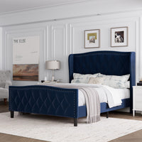 Queen Size Bed Frame, Modern Upholstered Platform Bed With Wingback Headboard, Velvet Bed Frame With Wood Slat Support, Easy Assembly, No Box Spring Needed Blue, Queen Blue Iron