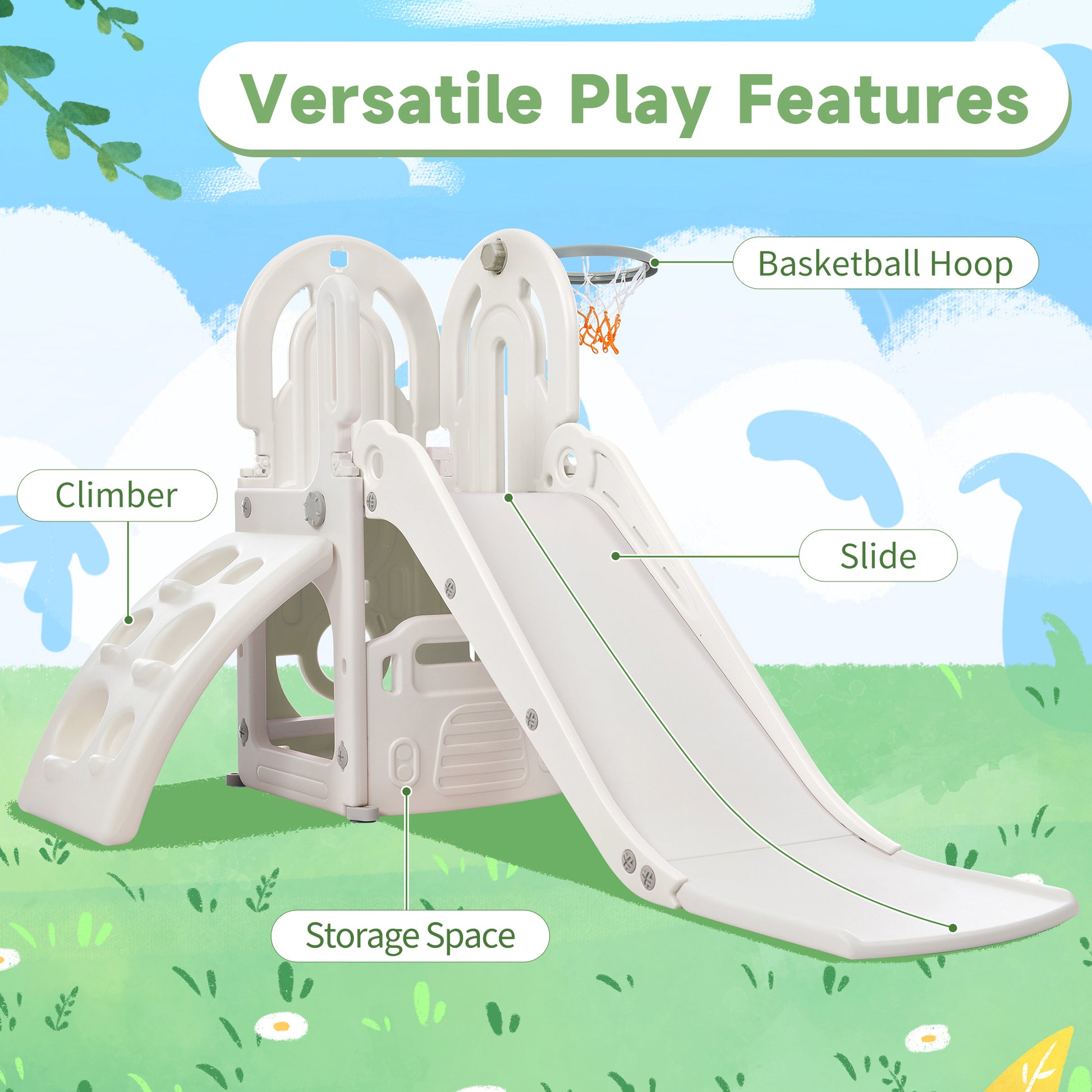 Toddler Climber And Slide Set 4 In 1, Kids Playground Climber Freestanding Slide Playset With Basketball Hoop Play Combination For Babies Indoor & Outdoor Gray Hdpe