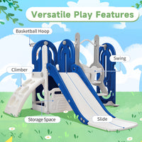 Toddler Slide And Swing Set 5 In 1, Kids Playground Climber Slide Playset With Basketball Hoop Freestanding Combination For Babies Indoor & Outdoor Blue Hdpe