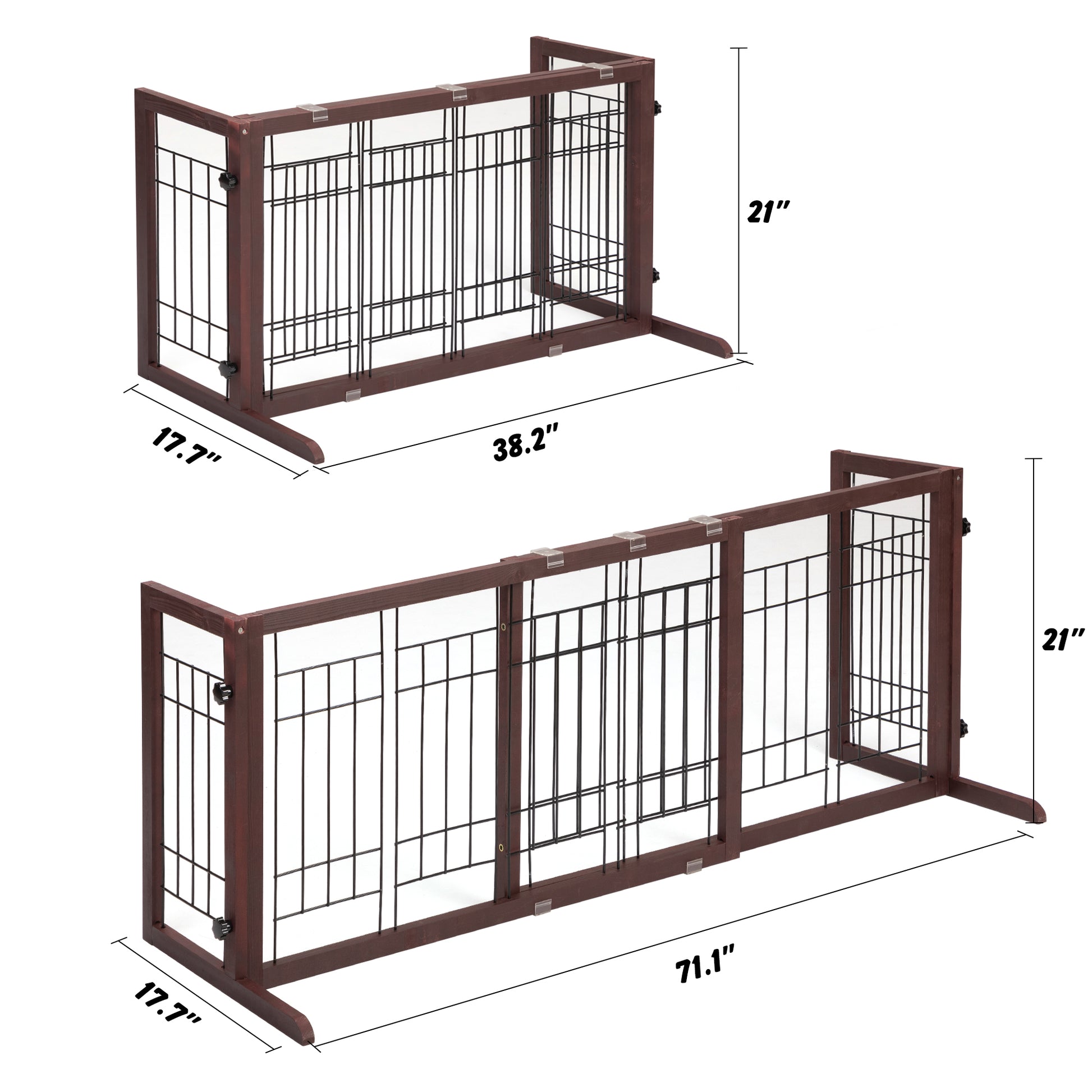 38" 71" Adjustable Wooden Pet Gate For Dogs, Indoor Freestanding Dog Fence For Doorways, Stairs, Deep Brown Brown Pine