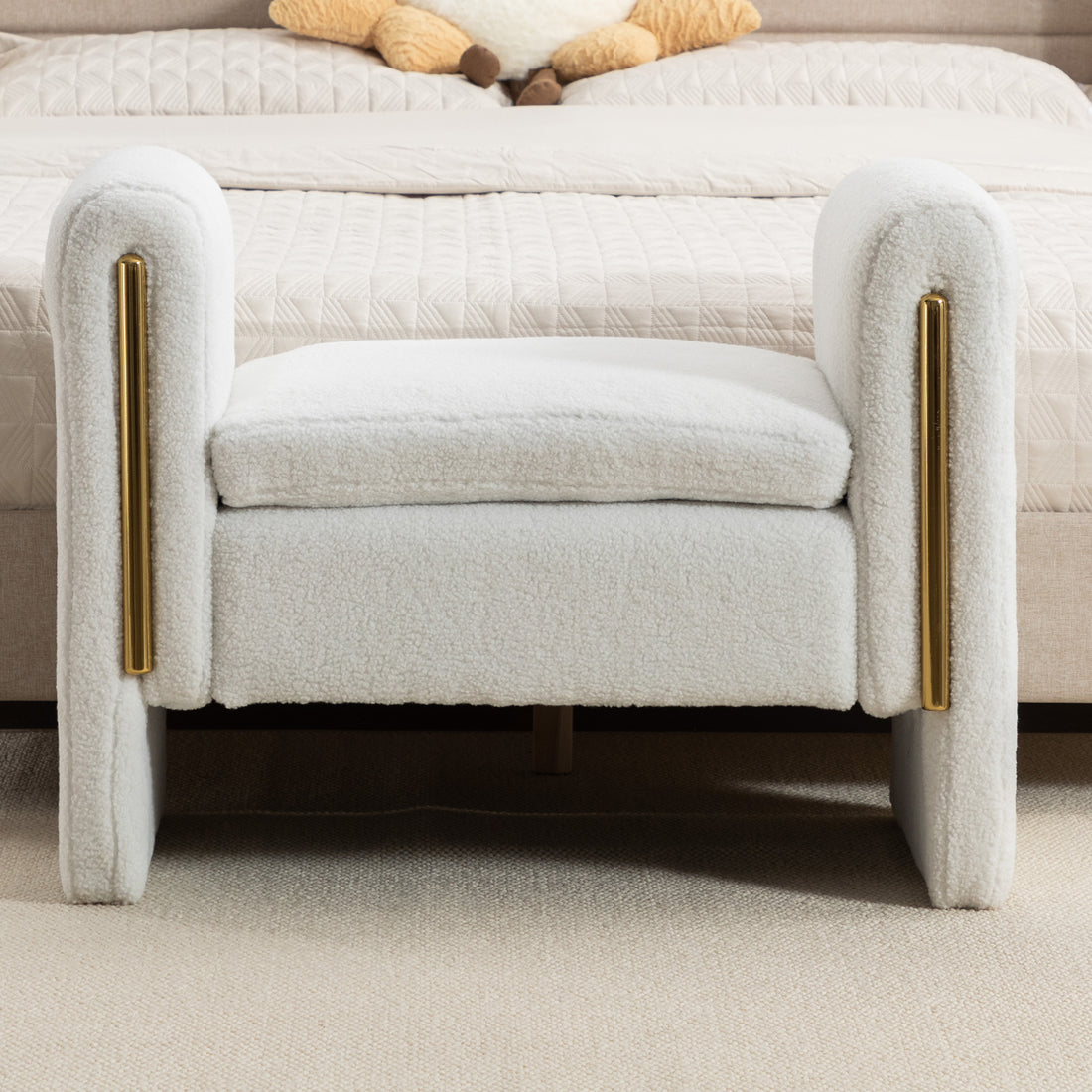 031 Teddy Fabric Single Bench Shoe Bench Makeup Bench For Bedroom Indoor,Ivory Wood Bedroom White Solid Eucalyptus Wood Tufted Ivory Polyester Backless Soft Modern Foam Teddy