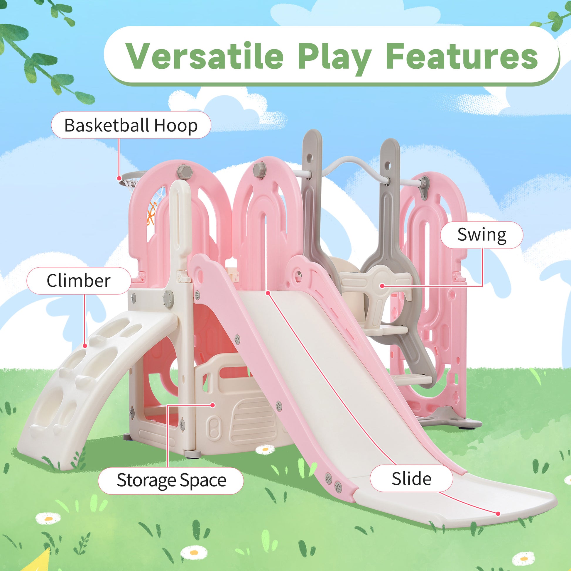 Toddler Slide And Swing Set 5 In 1, Kids Playground Climber Slide Playset With Basketball Hoop Freestanding Combination For Babies Indoor & Outdoor Pink Hdpe