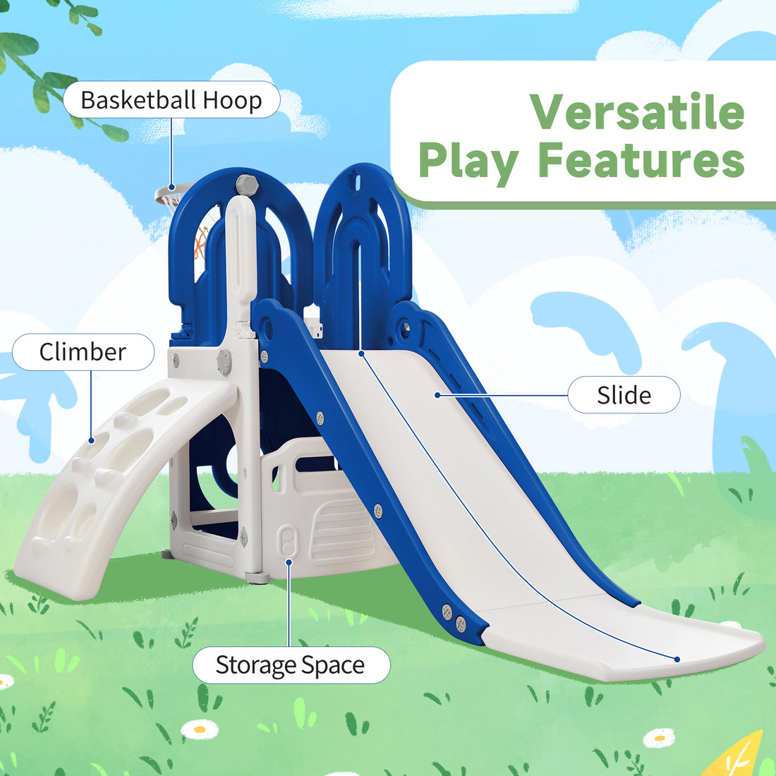 Toddler Climber And Slide Set 4 In 1, Kids Playground Climber Freestanding Slide Playset With Basketball Hoop Play Combination For Babies Indoor & Outdoor Blue Hdpe