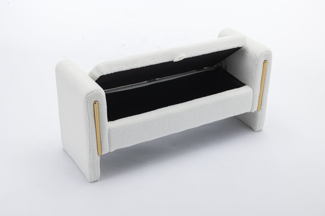 032 Teddy Fabric Storage Bench Bedroom Bench With Gold Metal Trim Strip For Living Room Bedroom Indoor,Ivory Armrest Ivory Polyester Bedroom Solid White Modern Eucalyptus Wood Internal Storage Foam Teddy