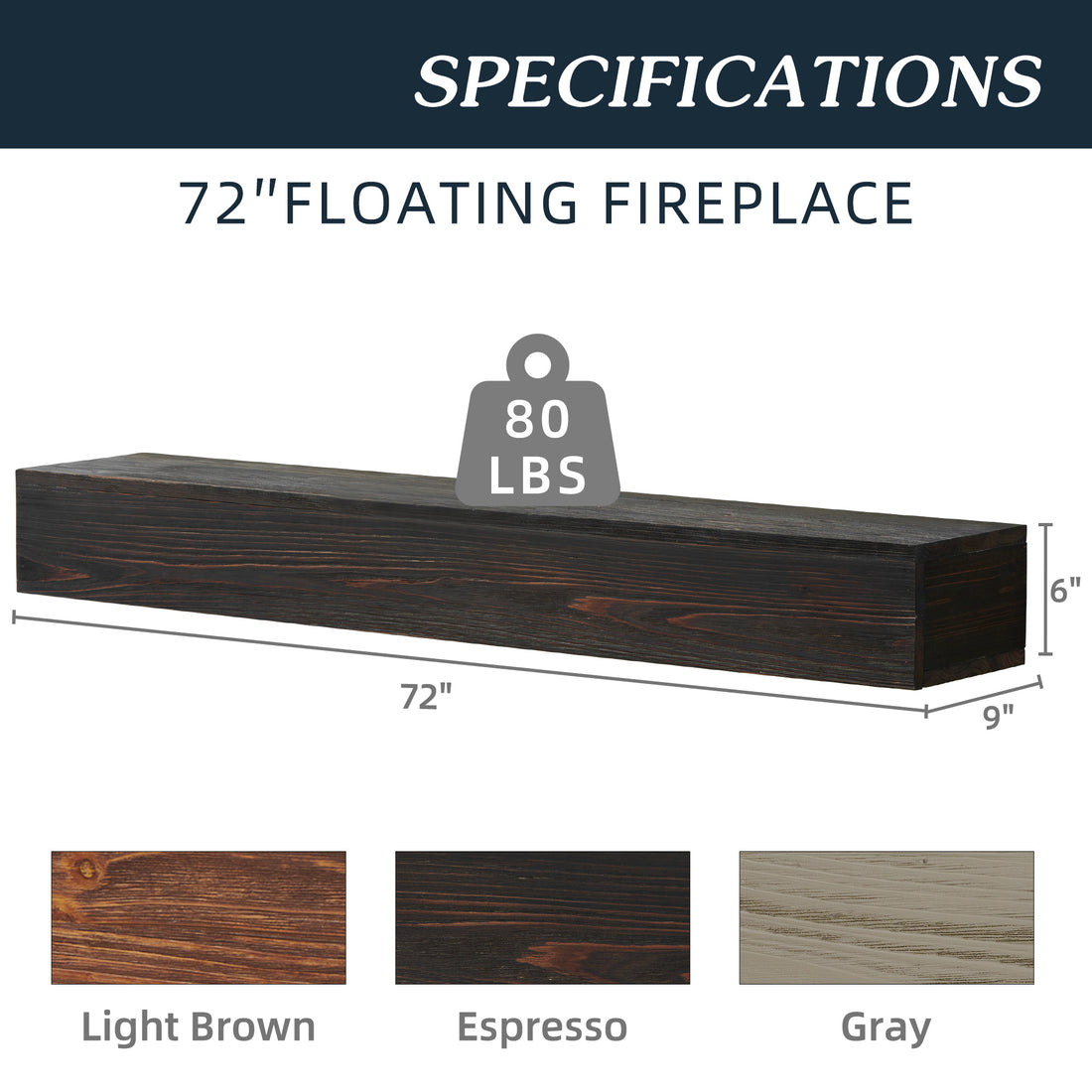 72" Rustic Wood Fireplace Mantel,Wall Mounted & Floating Shelf For Home Decor Espresso Solid Wood