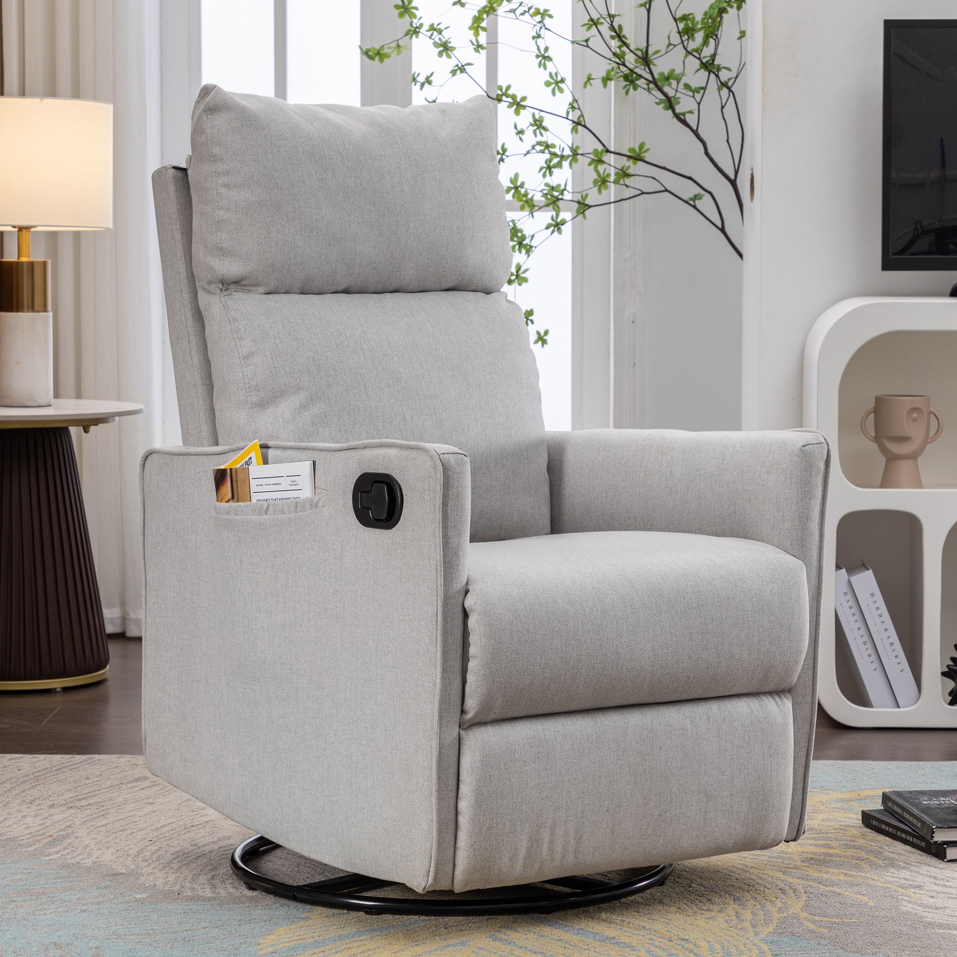 038 Cotton Linen Fabric Swivel Rocking Chair Glider Rocker Recliner Nursery Chair With Adjustable Back And Footrest For Living Room Indoor,Light Gray Light Gray Cotton Manual Handle Metal Primary Living Space Soft Tufted Back Modern Foam Cotton