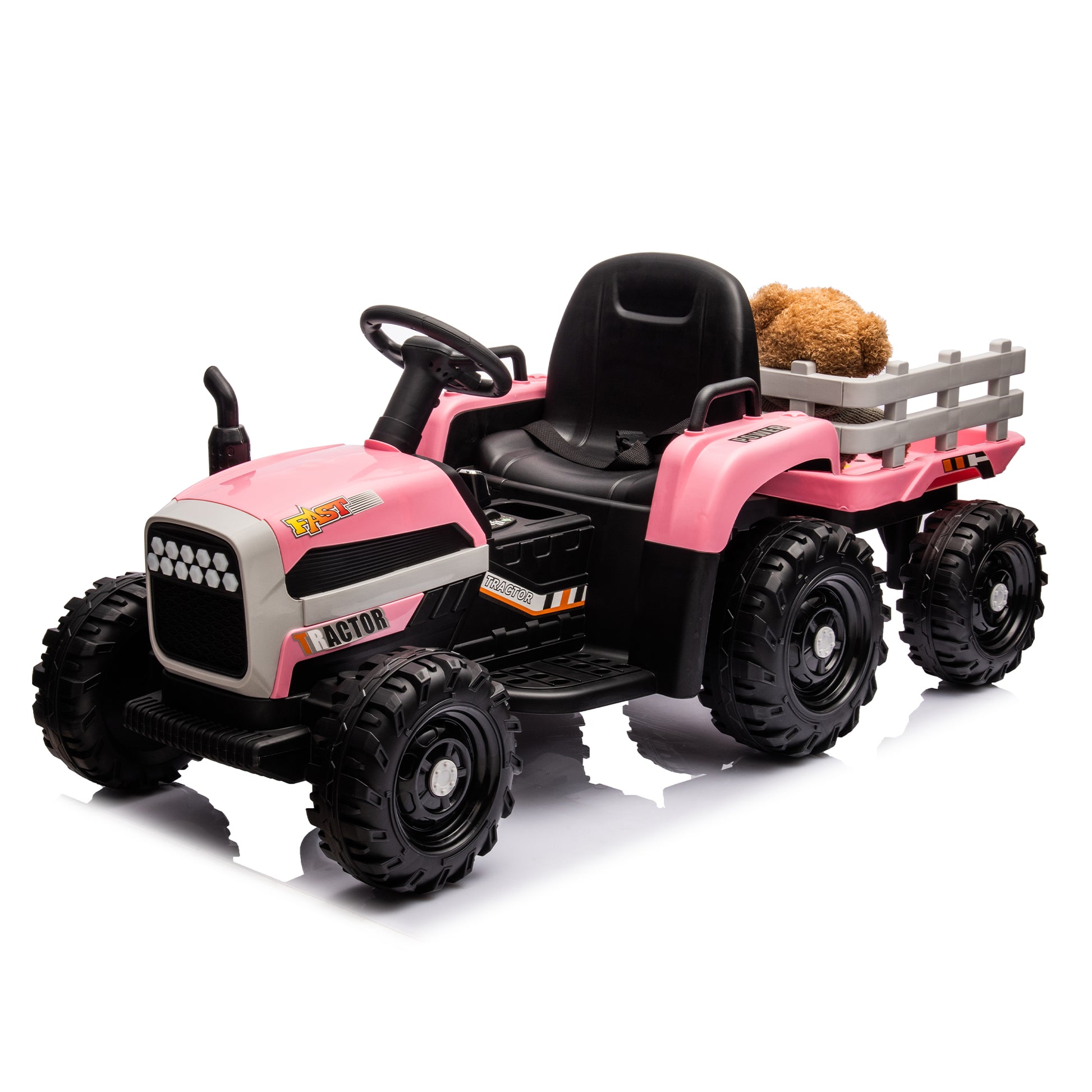 Ride On Tractor With Trailer,12V Battery Powered Electric Tractor Toy W Remote Control,Electric Car For Kids,Three Speed Adjustable,Power Display, Usb,Mp3 ,Bluetooth,Led Light,Two Point Safety Belt Pink Plastic