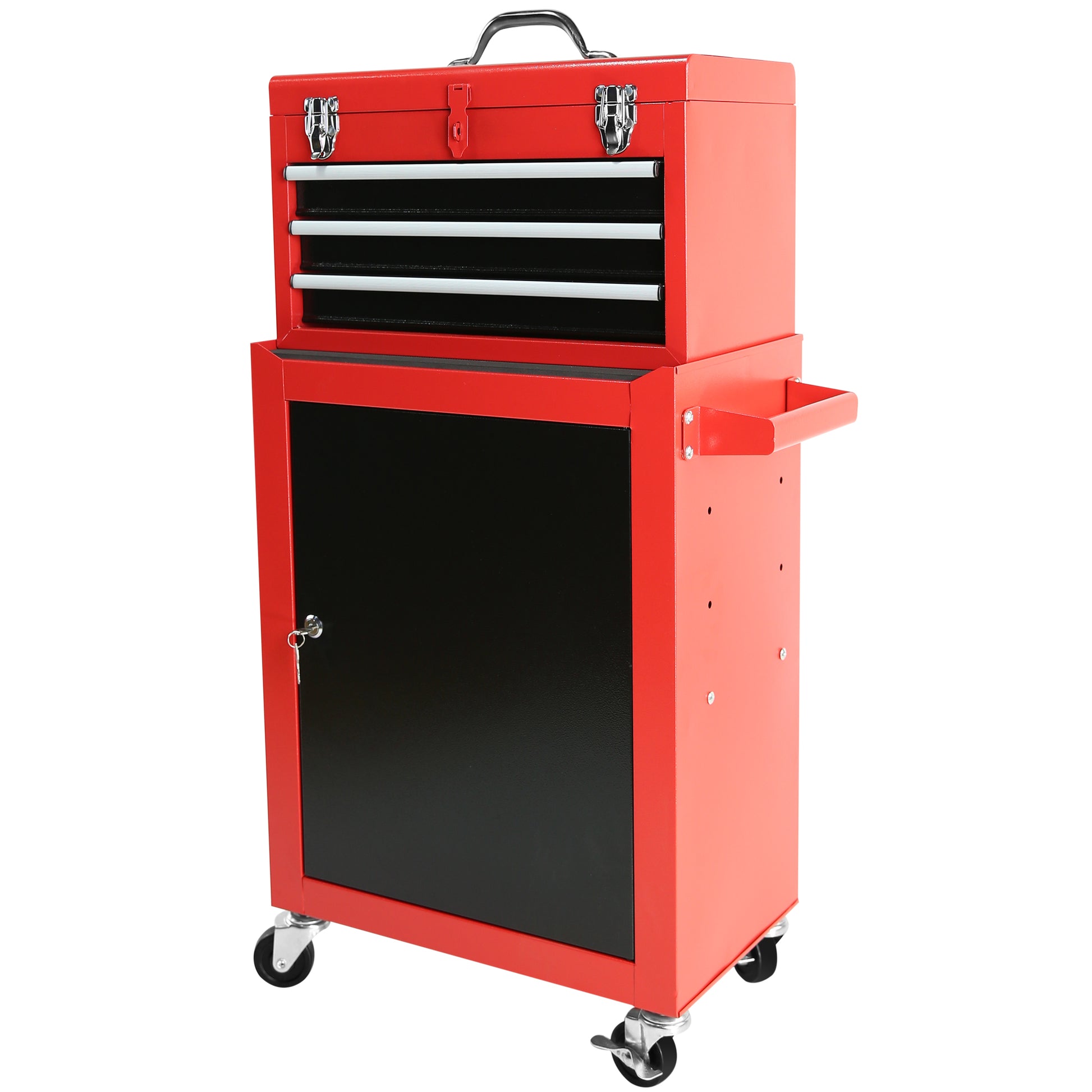 3 Drawer Rolling Tool Chest With Wheels, Tool Chest With Large Storage Cabinet And Adjustable Shelf, Removable Portable Top Box With Locking Stem Tool Chest For Garage, Warehouse Red Steel