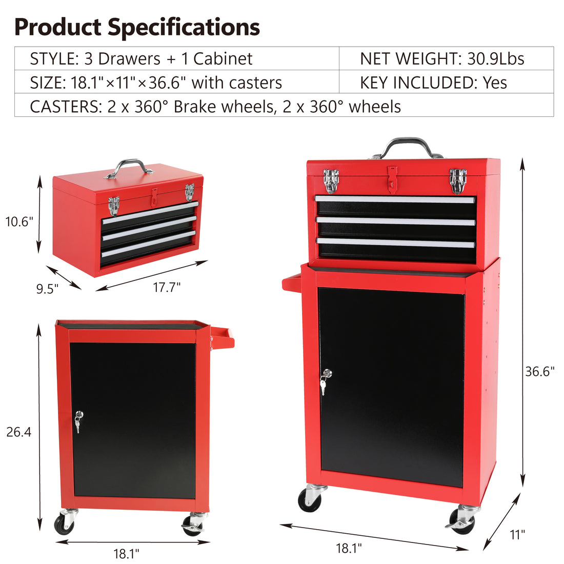 3 Drawer Rolling Tool Chest With Wheels, Tool Chest With Large Storage Cabinet And Adjustable Shelf, Removable Portable Top Box With Locking Stem Tool Chest For Garage, Warehouse Red Steel