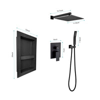 Shower System With Rain Shower Head, Hand Shower Head, Water Control Valve, Shower Bracket, Hose And Niche Matte Black Wall Mounted Bathroom Brass