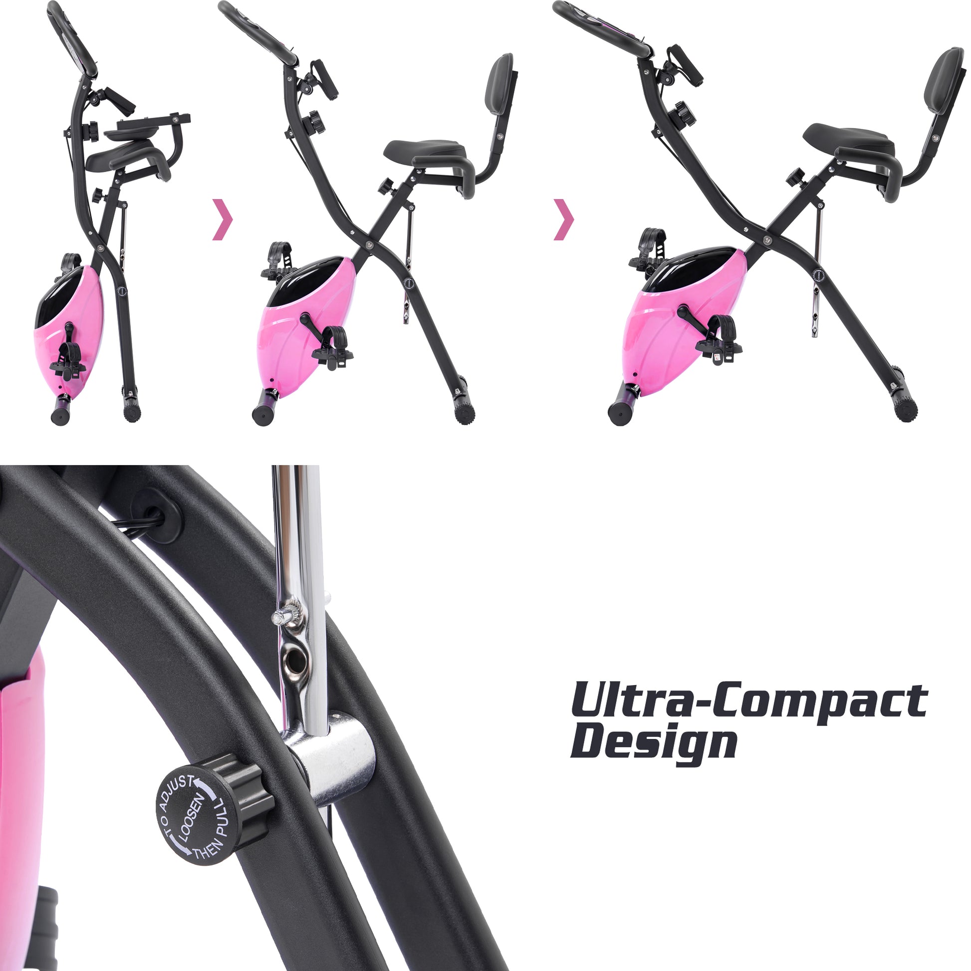 Folding Exercise Bike, Fitness Upright And Recumbent X Bike With 16 Level Adjustable Resistance, Arm Bands And Backrest Pink Metal