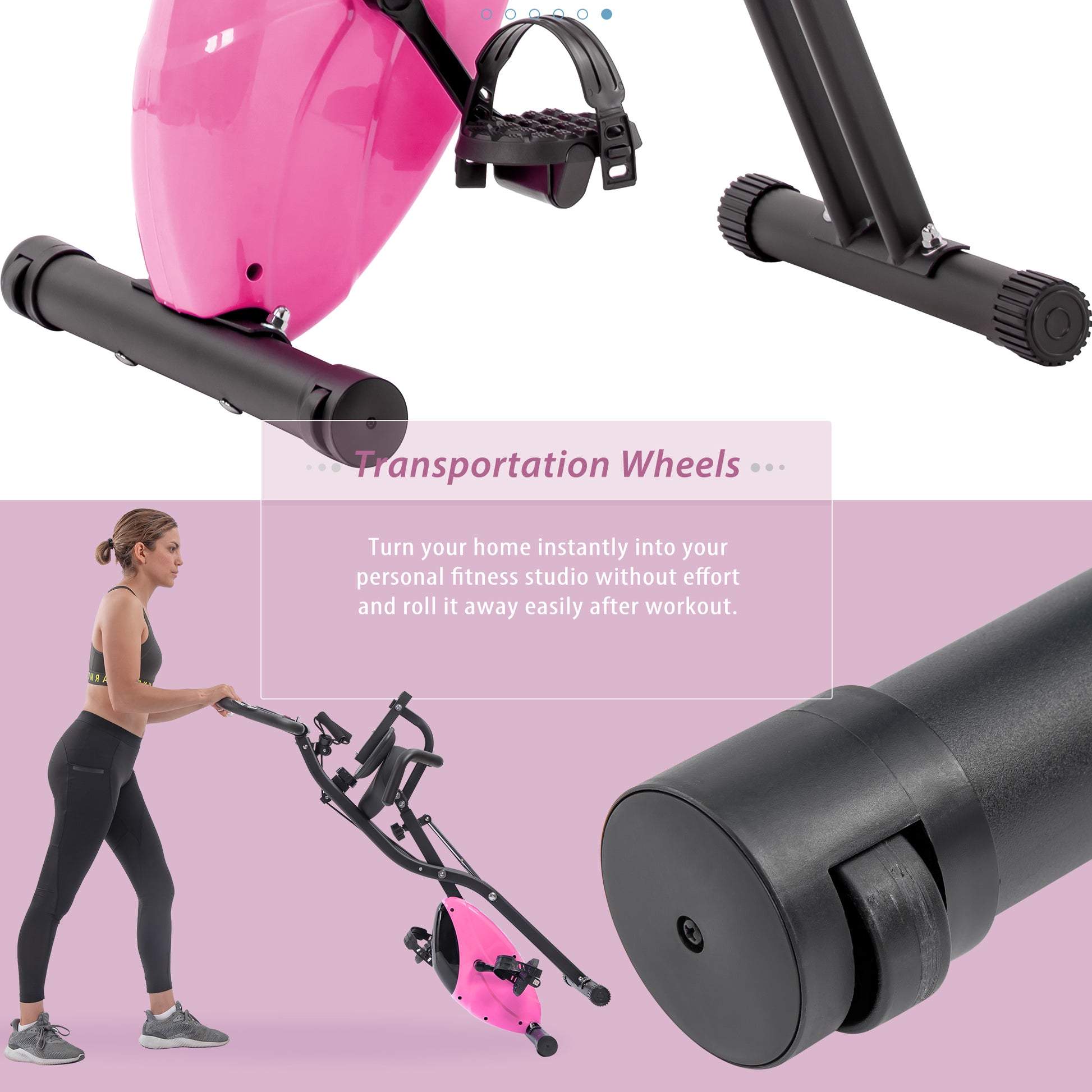 Folding Exercise Bike, Fitness Upright And Recumbent X Bike With 16 Level Adjustable Resistance, Arm Bands And Backrest Pink Metal