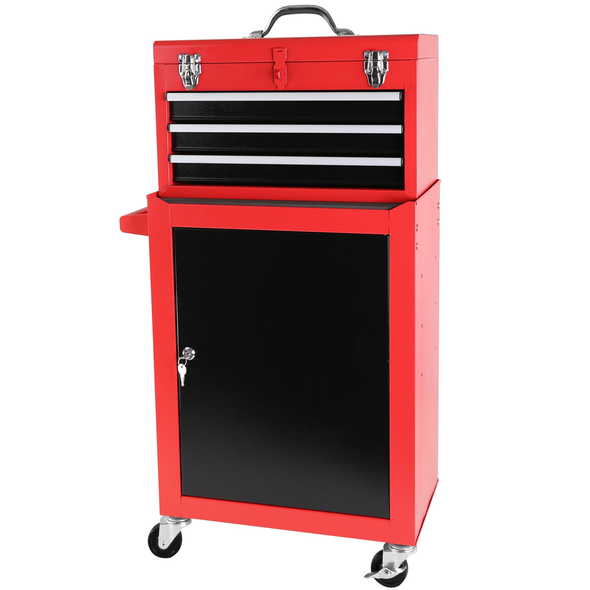 3 Drawer Rolling Tool Chest With Wheels, Tool Chest With Large Storage Cabinet And Adjustable Shelf, Removable Portable Top Box With Locking Stem Tool Chest For Garage, Warehouse Red Steel