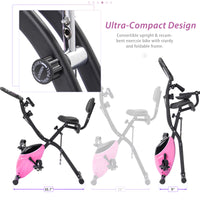 Folding Exercise Bike, Fitness Upright And Recumbent X Bike With 16 Level Adjustable Resistance, Arm Bands And Backrest Pink Metal