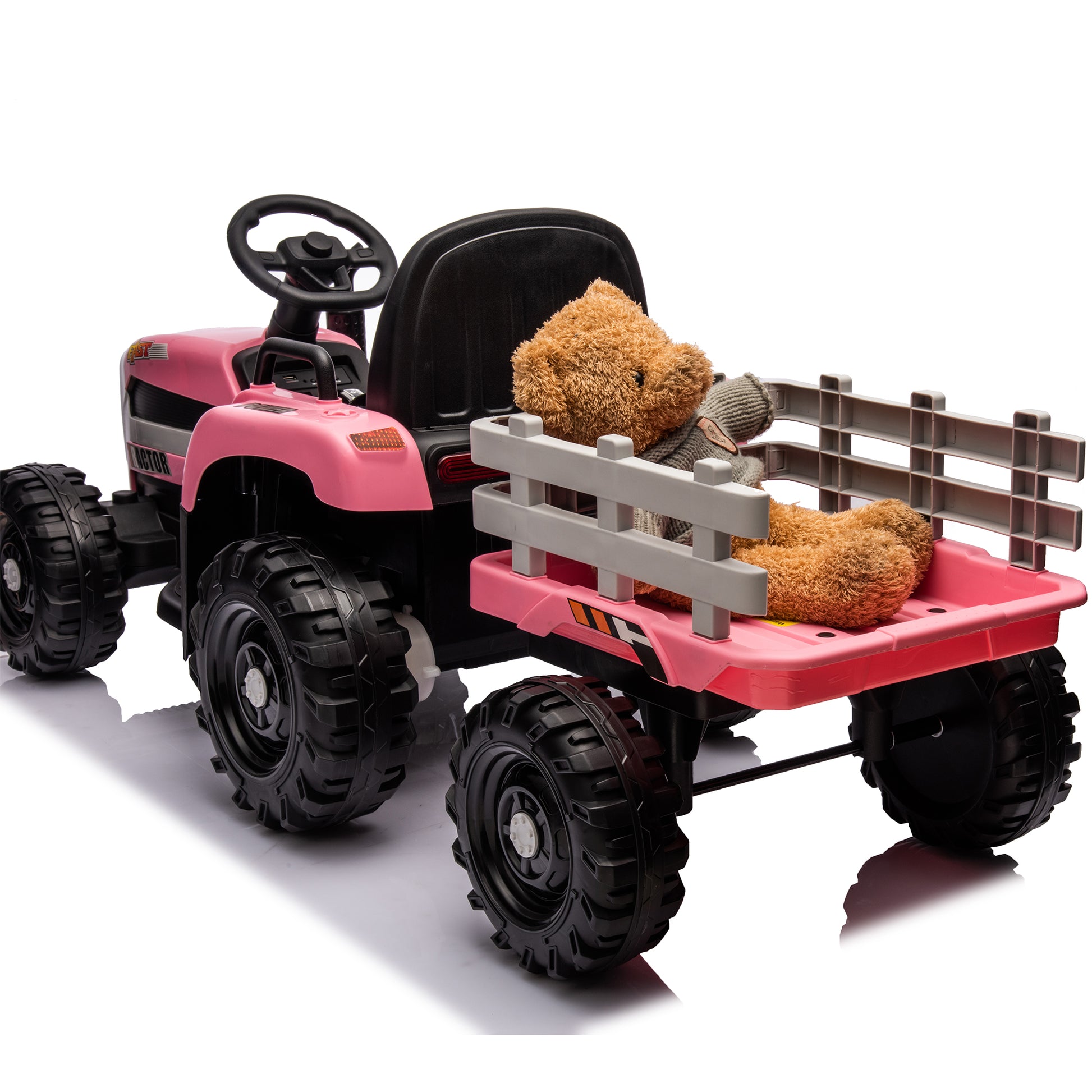 Ride On Tractor With Trailer,12V Battery Powered Electric Tractor Toy W Remote Control,Electric Car For Kids,Three Speed Adjustable,Power Display, Usb,Mp3 ,Bluetooth,Led Light,Two Point Safety Belt Pink Plastic