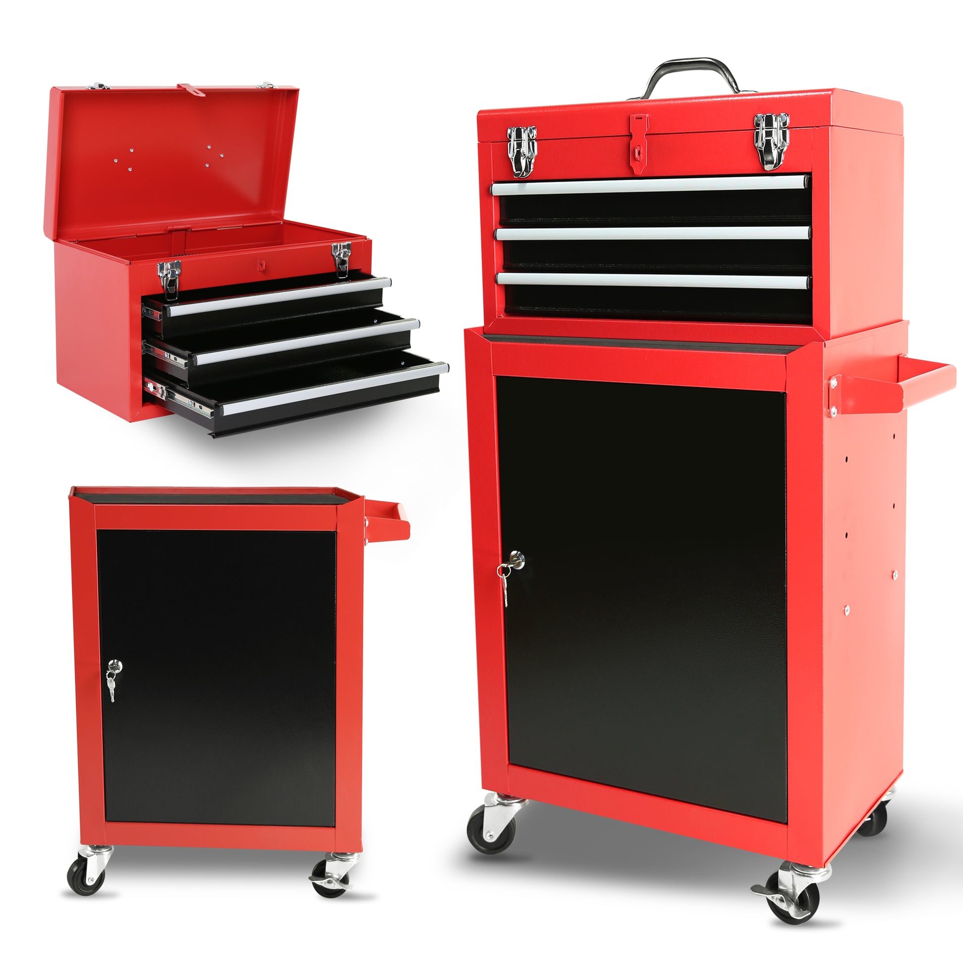 3 Drawer Rolling Tool Chest With Wheels, Tool Chest With Large Storage Cabinet And Adjustable Shelf, Removable Portable Top Box With Locking Stem Tool Chest For Garage, Warehouse Red Steel