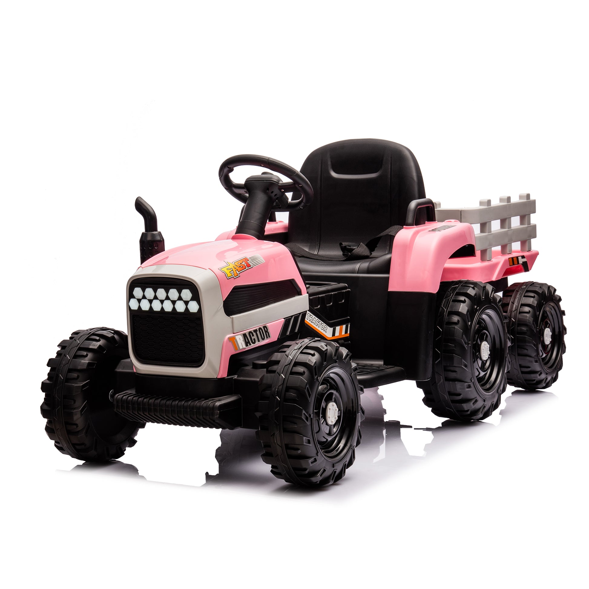 Ride On Tractor With Trailer,12V Battery Powered Electric Tractor Toy W Remote Control,Electric Car For Kids,Three Speed Adjustable,Power Display, Usb,Mp3 ,Bluetooth,Led Light,Two Point Safety Belt Pink Plastic