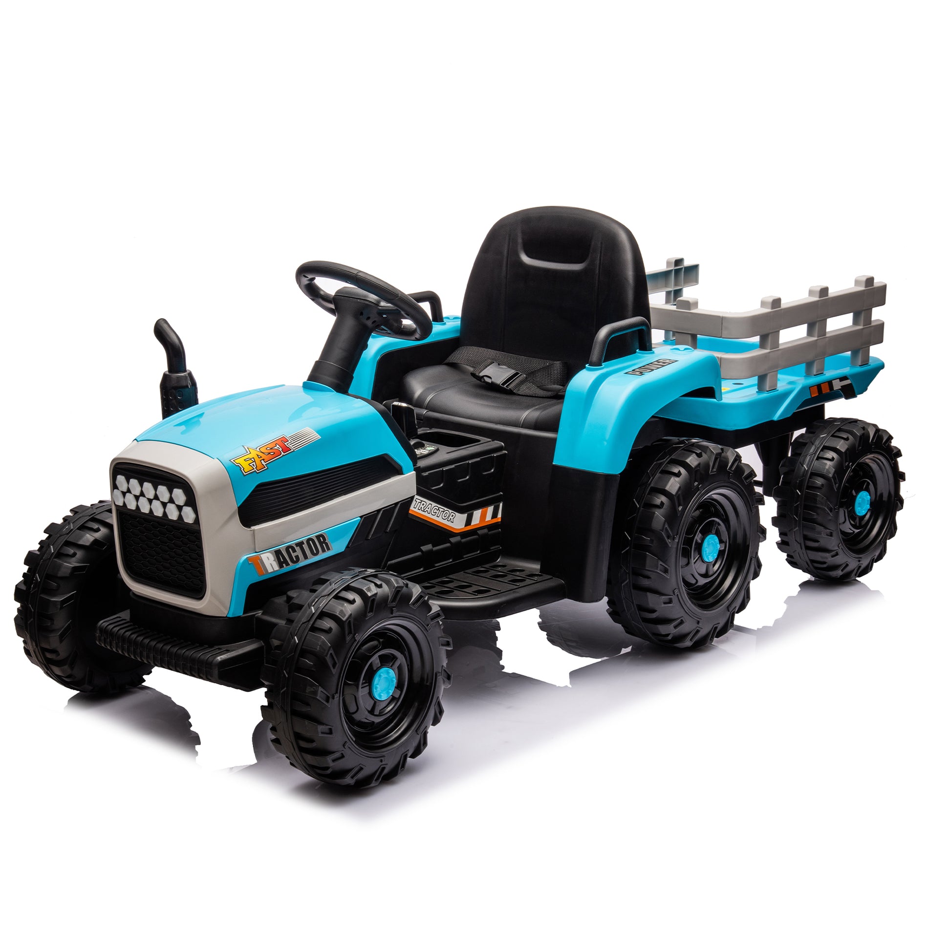 Ride On Tractor With Trailer,24V Battery Powered Electric Tractor Toy, 200W*2Motor 1.86 4.97Mph Remote Control,Electric Car For Kids,Three Speed Adjustable,Usb,Mp3 ,Bluetooth,Led Light, Safety Belt Blue Plastic