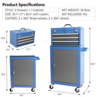Rolling Garage Workshop Tool Organizer: Detachable 3 Drawer Tool Chest With Large Storage Cabinet And Adjustable Shelf Blue Steel