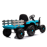 Ride On Tractor With Trailer,24V Battery Powered Electric Tractor Toy, 200W*2Motor 1.86 4.97Mph Remote Control,Electric Car For Kids,Three Speed Adjustable,Usb,Mp3 ,Bluetooth,Led Light, Safety Belt Blue Plastic