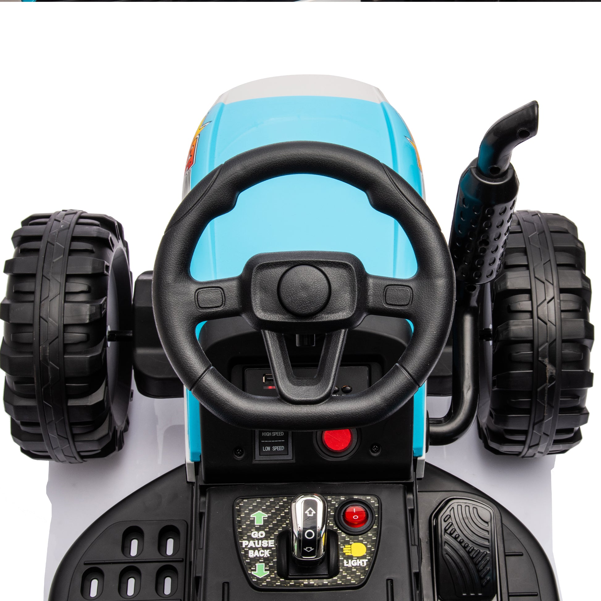 Ride On Tractor With Trailer,24V Battery Powered Electric Tractor Toy, 200W*2Motor 1.86 4.97Mph Remote Control,Electric Car For Kids,Three Speed Adjustable,Usb,Mp3 ,Bluetooth,Led Light, Safety Belt Blue Plastic