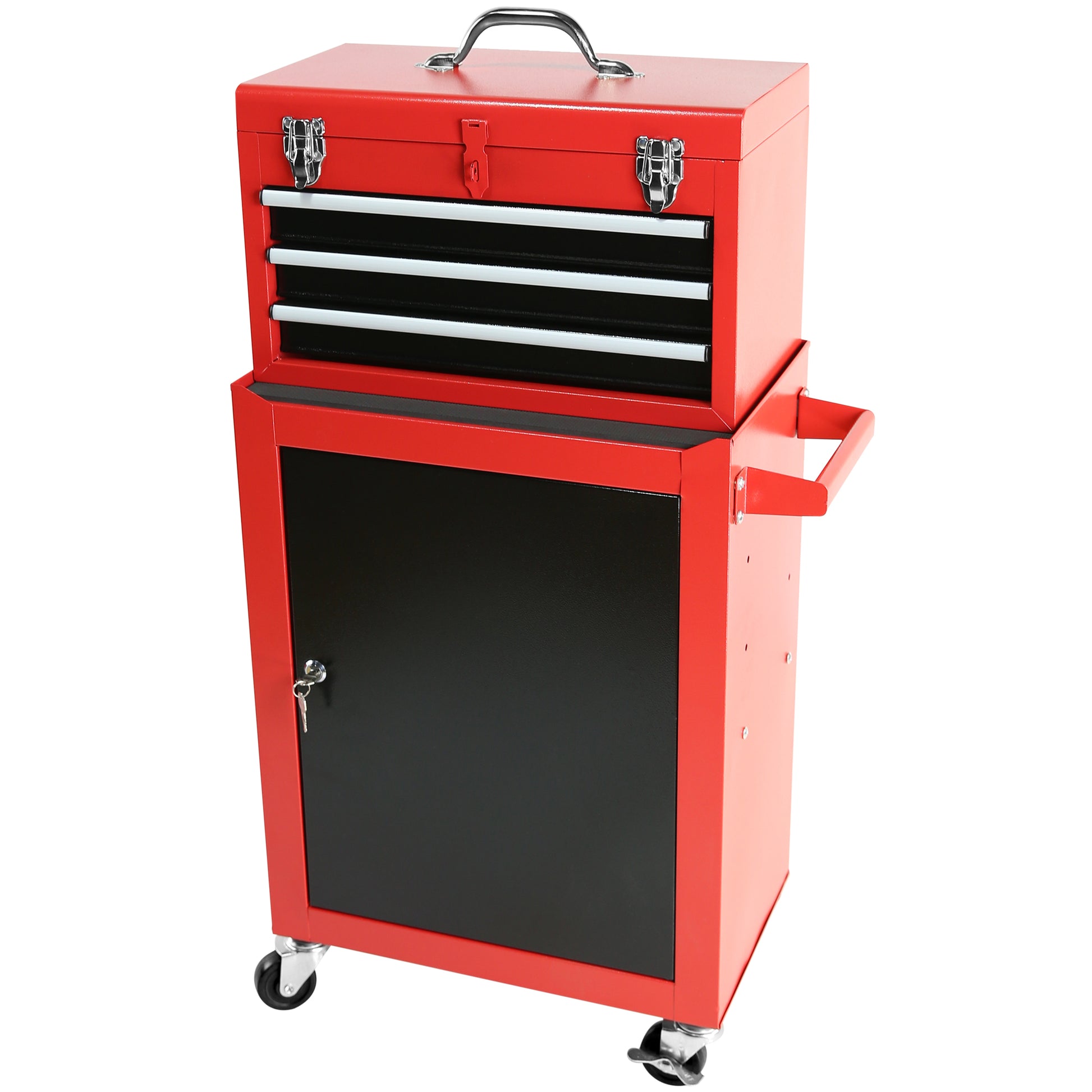 3 Drawer Rolling Tool Chest With Wheels, Tool Chest With Large Storage Cabinet And Adjustable Shelf, Removable Portable Top Box With Locking Stem Tool Chest For Garage, Warehouse Red Steel