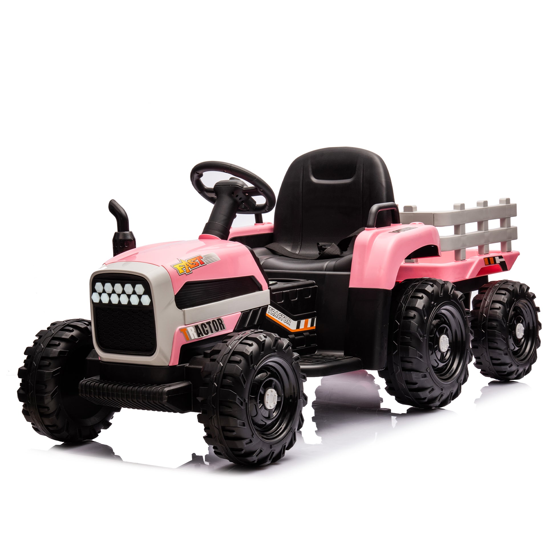 Ride On Tractor With Trailer,24V Battery Powered Electric Tractor Toy, 200W*2Motor 1.86 4.97Mph Remote Control,Electric Car For Kids,Three Speed Adjustable,Usb,Mp3 ,Bluetooth,Led Light, Safety Belt