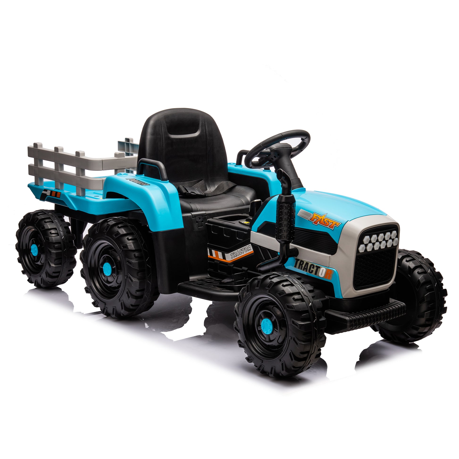 Ride On Tractor With Trailer,24V Battery Powered Electric Tractor Toy, 200W*2Motor 1.86 4.97Mph Remote Control,Electric Car For Kids,Three Speed Adjustable,Usb,Mp3 ,Bluetooth,Led Light, Safety Belt Blue Plastic