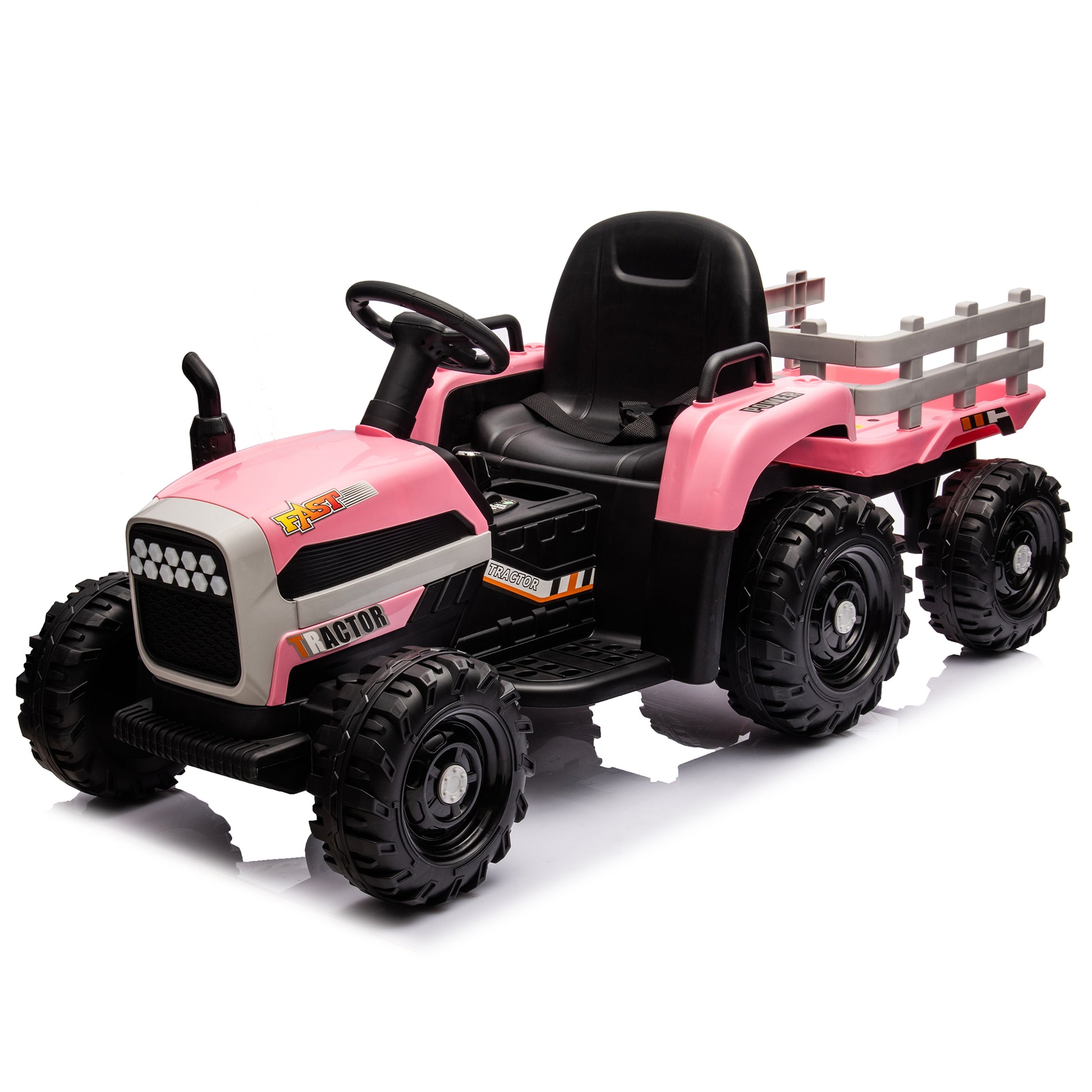 Ride On Tractor With Trailer,12V Battery Powered Electric Tractor Toy W Remote Control,Electric Car For Kids,Three Speed Adjustable,Power Display, Usb,Mp3 ,Bluetooth,Led Light,Two Point Safety Belt Pink Plastic