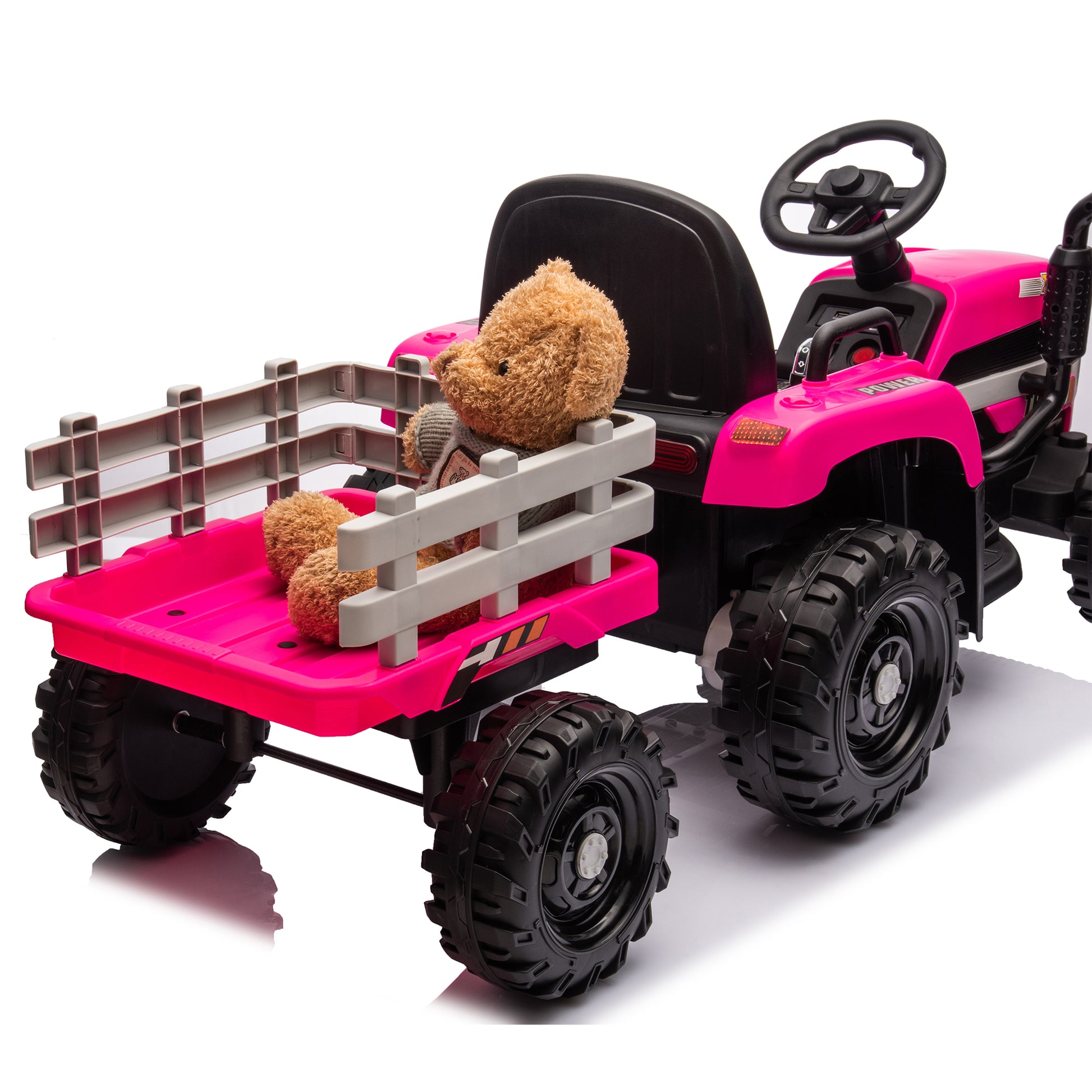 Ride On Tractor With Trailer,24V Battery Powered Electric Tractor Toy, 200W*2Motor 1.86 4.97Mph Remote Control,Electric Car For Kids,Three Speed Adjustable,Usb,Mp3 ,Bluetooth,Led Light, Safety Belt