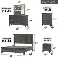 6 Piece Bedroom Sets, King Size Wood Bedroom Furniture Sets With King Size Bed, 2 Nightstands, Chest, Dresser And Mirror, Platform Bed Frame With 2 Drawers For Adults, Gray Gray Wood