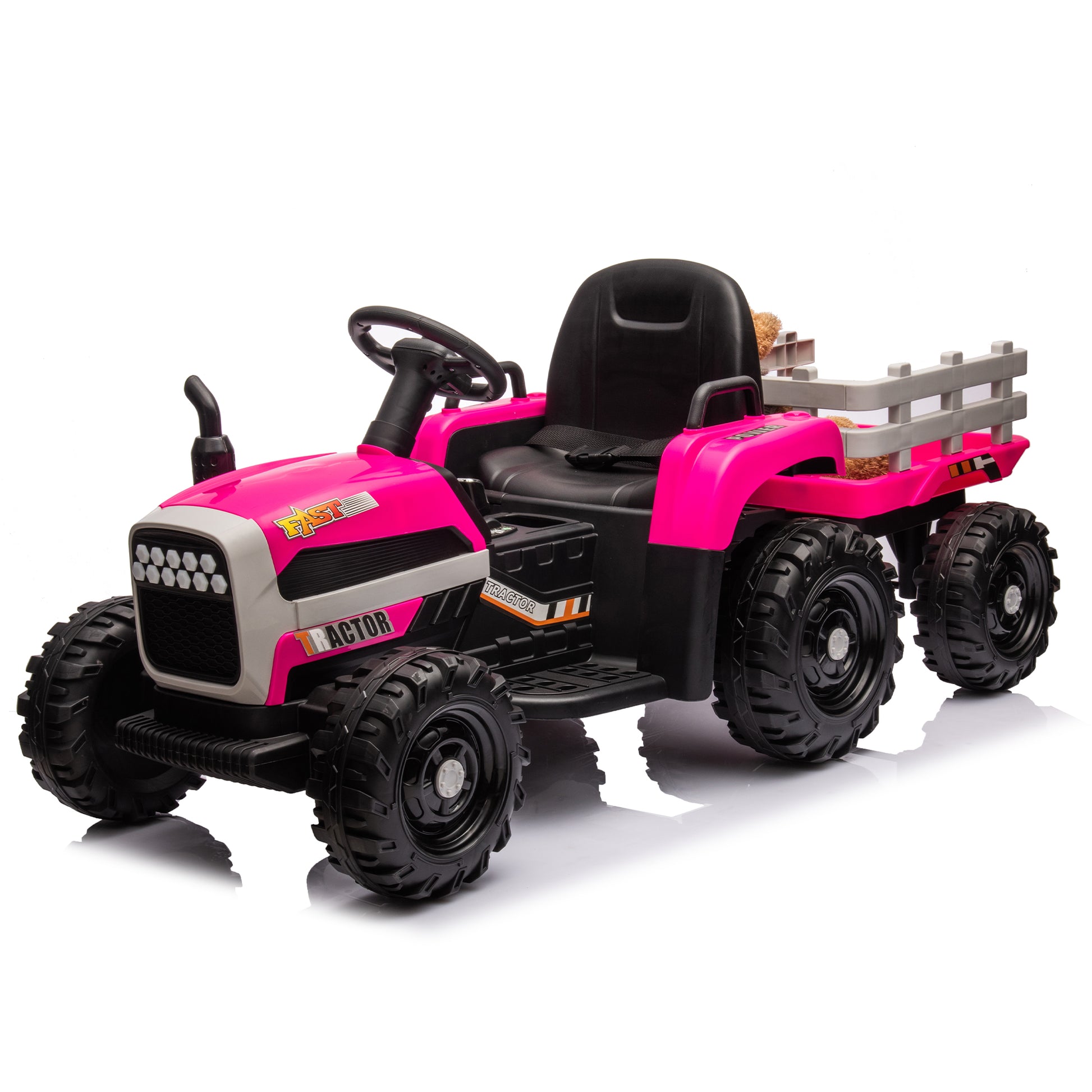 Ride On Tractor With Trailer,24V Battery Powered Electric Tractor Toy, 200W*2Motor 1.86 4.97Mph Remote Control,Electric Car For Kids,Three Speed Adjustable,Usb,Mp3 ,Bluetooth,Led Light, Safety Belt