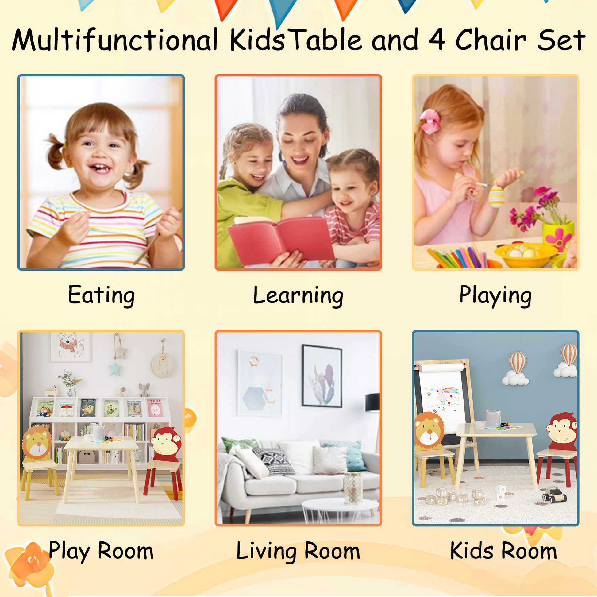 Kids Table And 2 Chairs Set, 3 Pieces Toddler Table And Chair Set, Wooden Activity Play Table Set Lion&Monkey Natural Solid Wood Mdf