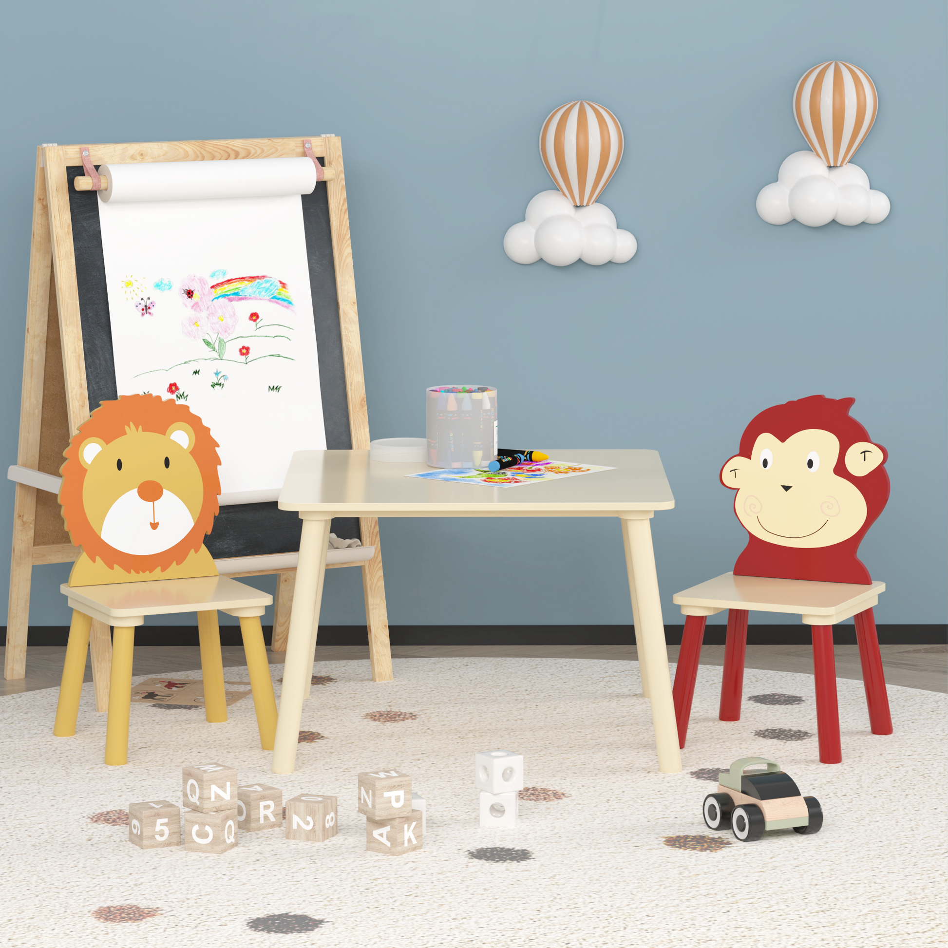 Kids Table And 2 Chairs Set, 3 Pieces Toddler Table And Chair Set, Wooden Activity Play Table Set Lion&Monkey Natural Solid Wood Mdf