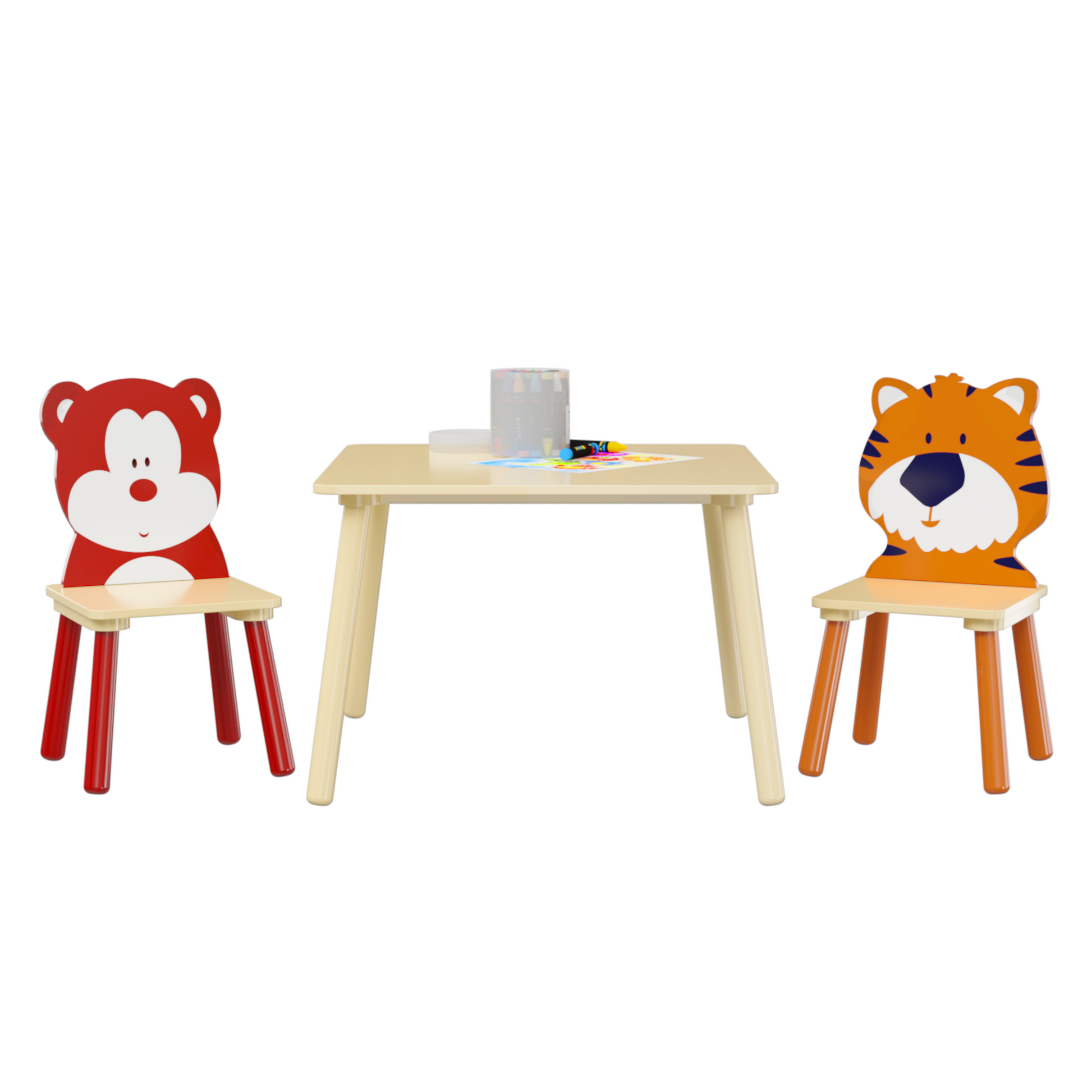 Kids Table And 2 Chairs Set, 3 Pieces Toddler Table And Chair Set, Wooden Activity Play Table Set Bear&Tiger Natural Solid Wood Mdf