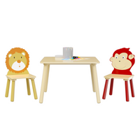 Kids Table And 2 Chairs Set, 3 Pieces Toddler Table And Chair Set, Wooden Activity Play Table Set Lion&Monkey Natural Solid Wood Mdf