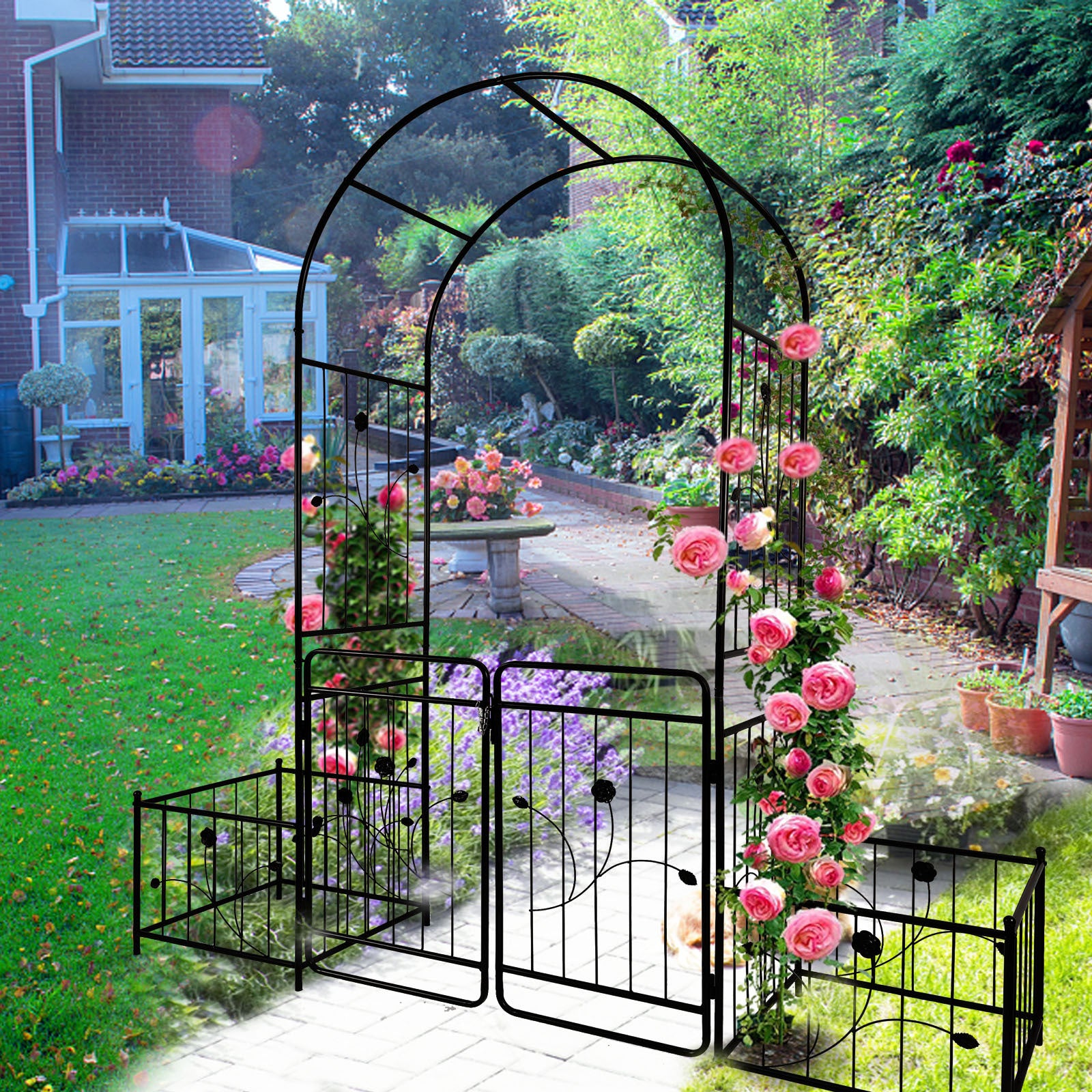 Metal Garden Arch With Gate 79.5'' Wide X 86.6'' High Climbing Plants Support Rose Arch Outdoor Black Black Iron