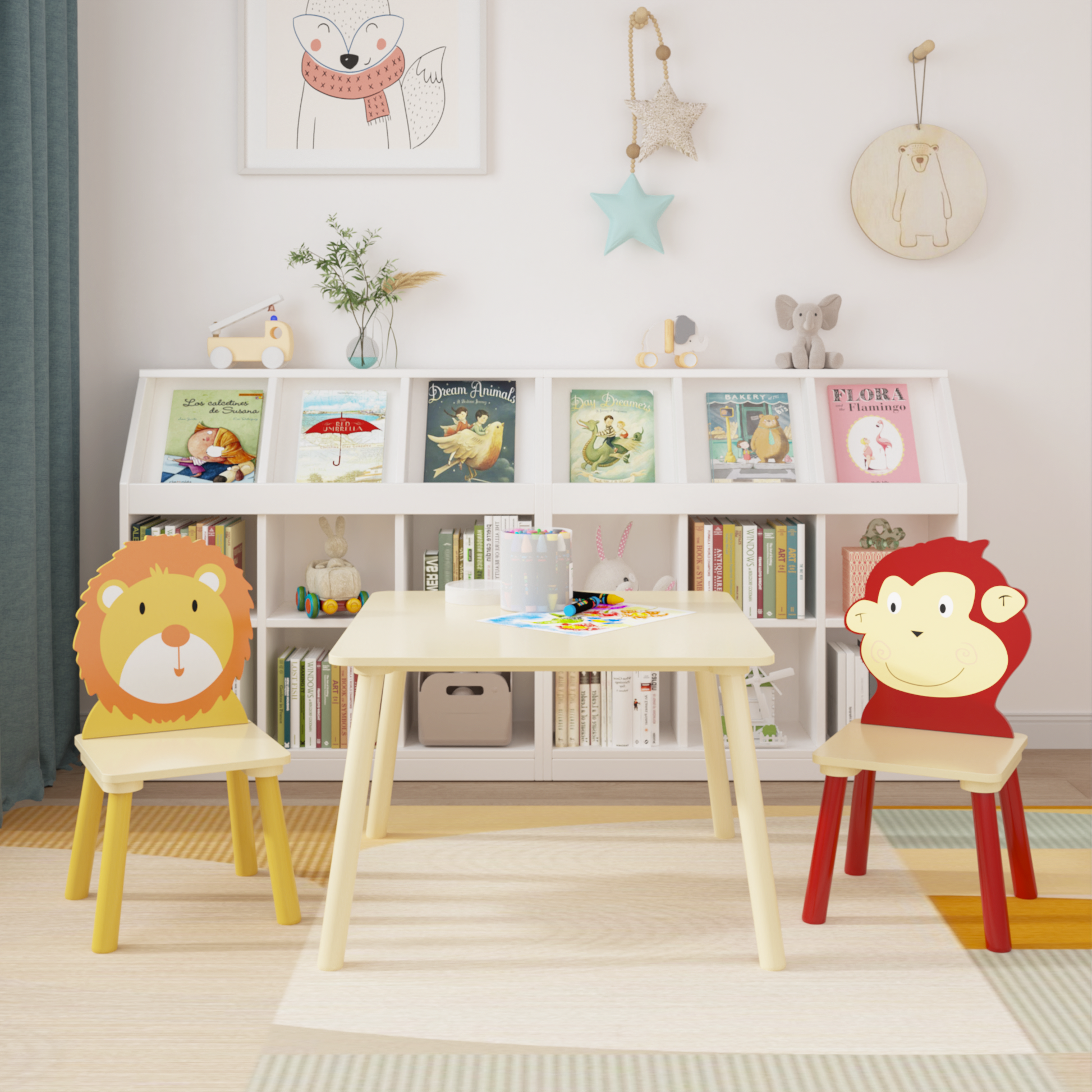 Kids Table And 2 Chairs Set, 3 Pieces Toddler Table And Chair Set, Wooden Activity Play Table Set Lion&Monkey Natural Solid Wood Mdf