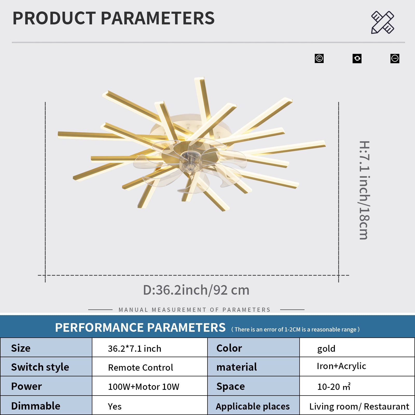 36In Ceiling Fan With Lights Remote Contro Dimmable Led,6 Gear Wind Speed Fan Light Gold Modern Acrylic