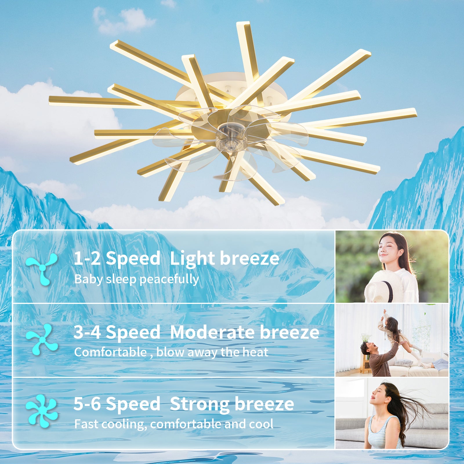 36In Ceiling Fan With Lights Remote Contro Dimmable Led,6 Gear Wind Speed Fan Light Gold Modern Acrylic