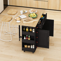 Multi Functional Kitchen Island Cart With 2 Door Cabinet And Two Drawers,Spice Rack, Towel Holder, Wine Rack, And Foldable Rubberwood Table Top Black Black Mdf