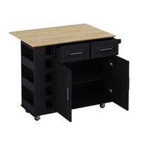 Multi Functional Kitchen Island Cart With 2 Door Cabinet And Two Drawers,Spice Rack, Towel Holder, Wine Rack, And Foldable Rubberwood Table Top Black Black Mdf