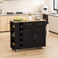 Multi Functional Kitchen Island Cart With 2 Door Cabinet And Two Drawers,Spice Rack, Towel Holder, Wine Rack, And Foldable Rubberwood Table Top Black Black Mdf