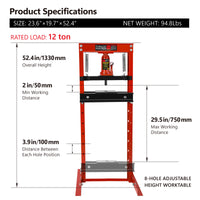 12 Ton Hydraulic Shop Floor Press, Steel H Frame Shop Press With Steel Plates Adjustable Working Table, Floor Stand Jack For Gears And Bearings Red Steel