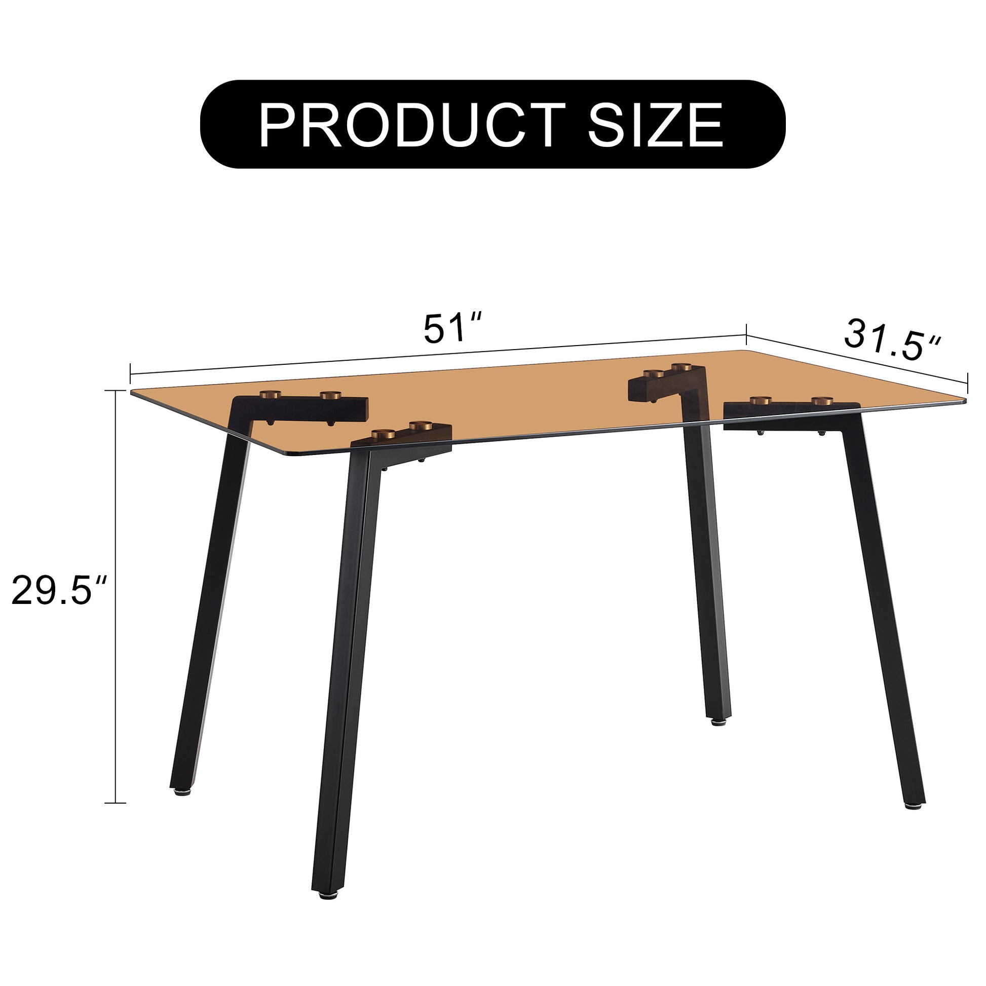 Modern Minimalist Style Rectangular Tea Brown Glass Dining Table, Tempered Glass Tabletop And Black Metal Legs, Suitable For Kitchen, Dining Room, And Living Room, 51 "* 31.5" * 29.5" 1123 Dark Brown Glass