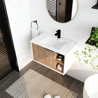 30'' Floating Wall Mounted Bathroom Vanity With Ceramics Sink & Soft Close Cabinet Door Imitative Oak 1 2 Soft Close Doors Bathroom Wall Mounted Modern Plywood