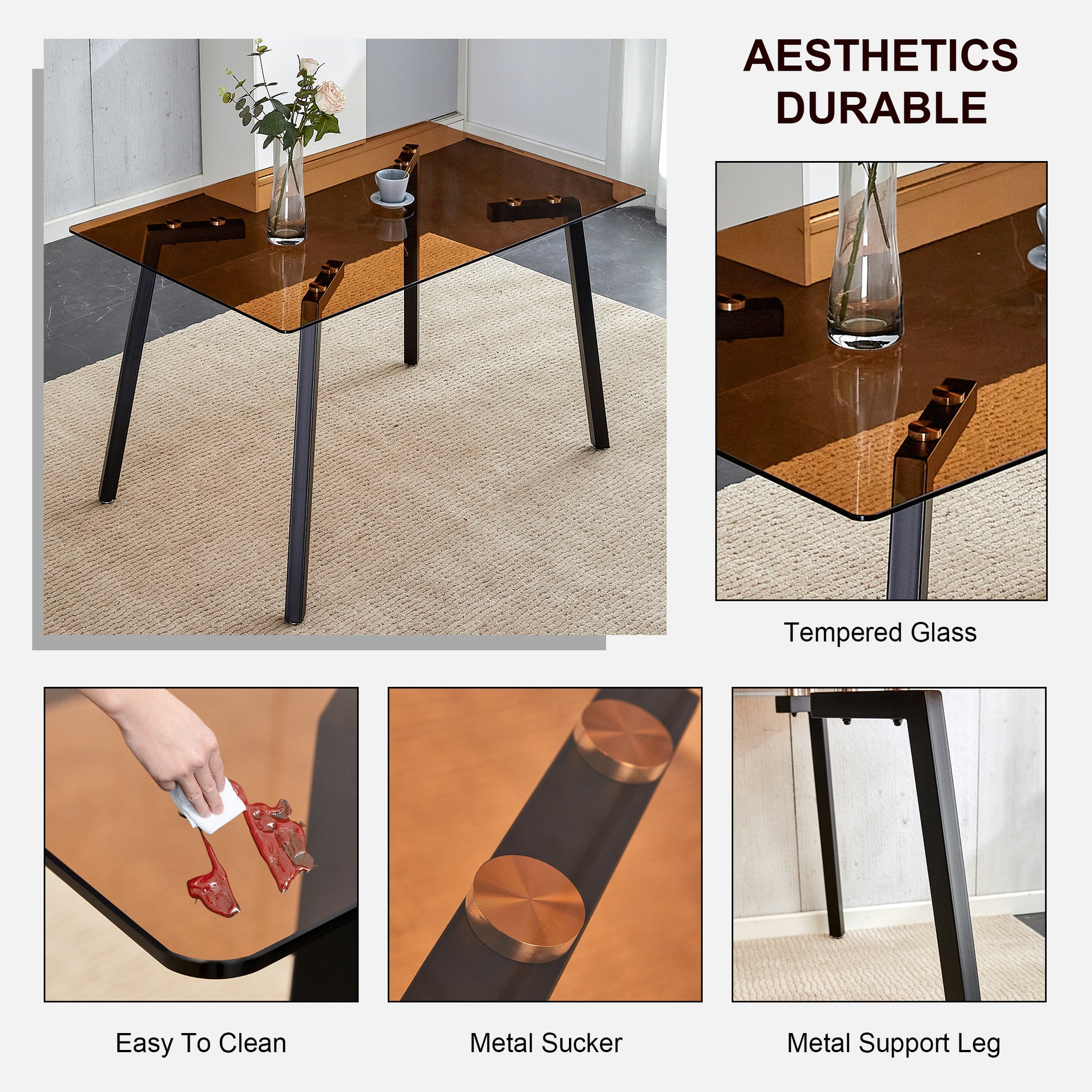 Modern Minimalist Style Rectangular Tea Brown Glass Dining Table, Tempered Glass Tabletop And Black Metal Legs, Suitable For Kitchen, Dining Room, And Living Room, 51 "* 31.5" * 29.5" 1123 Dark Brown Glass