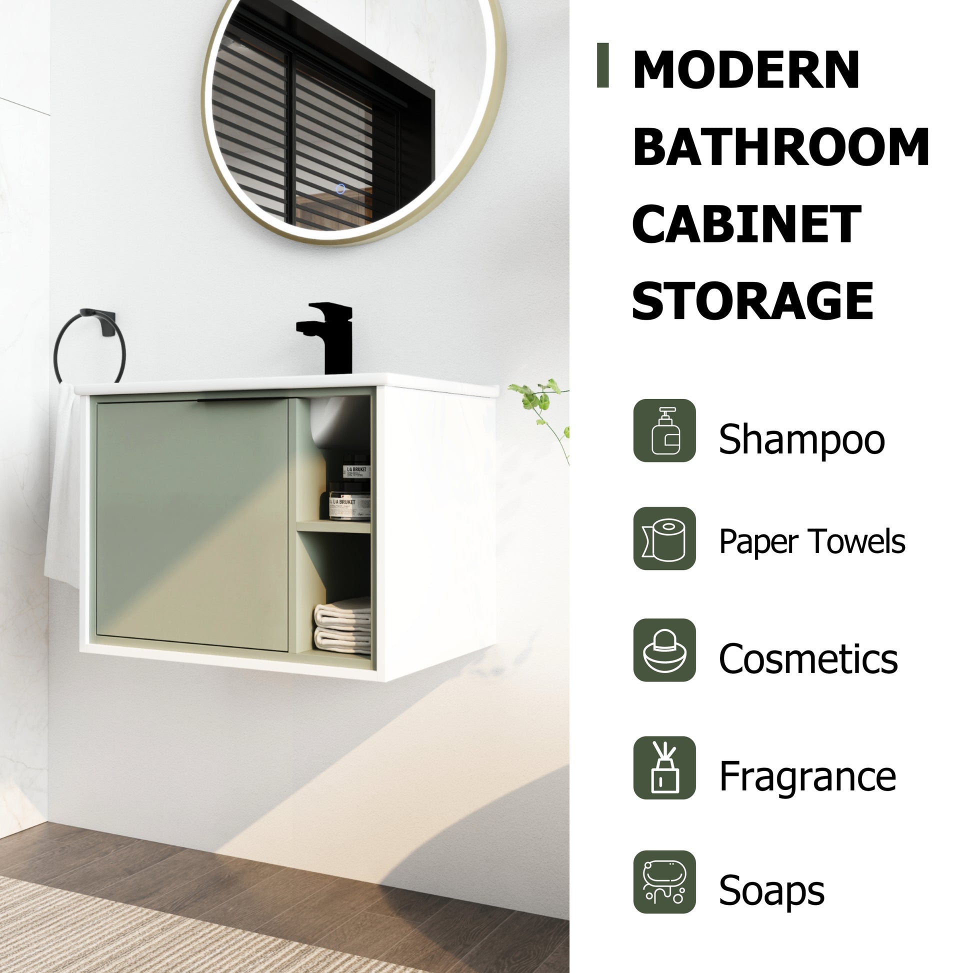 24'' Floating Wall Mounted Bathroom Vanity With Ceramics Sink & Soft Close Cabinet Door Green 1 2 Soft Close Doors Bathroom Wall Mounted Modern Plywood