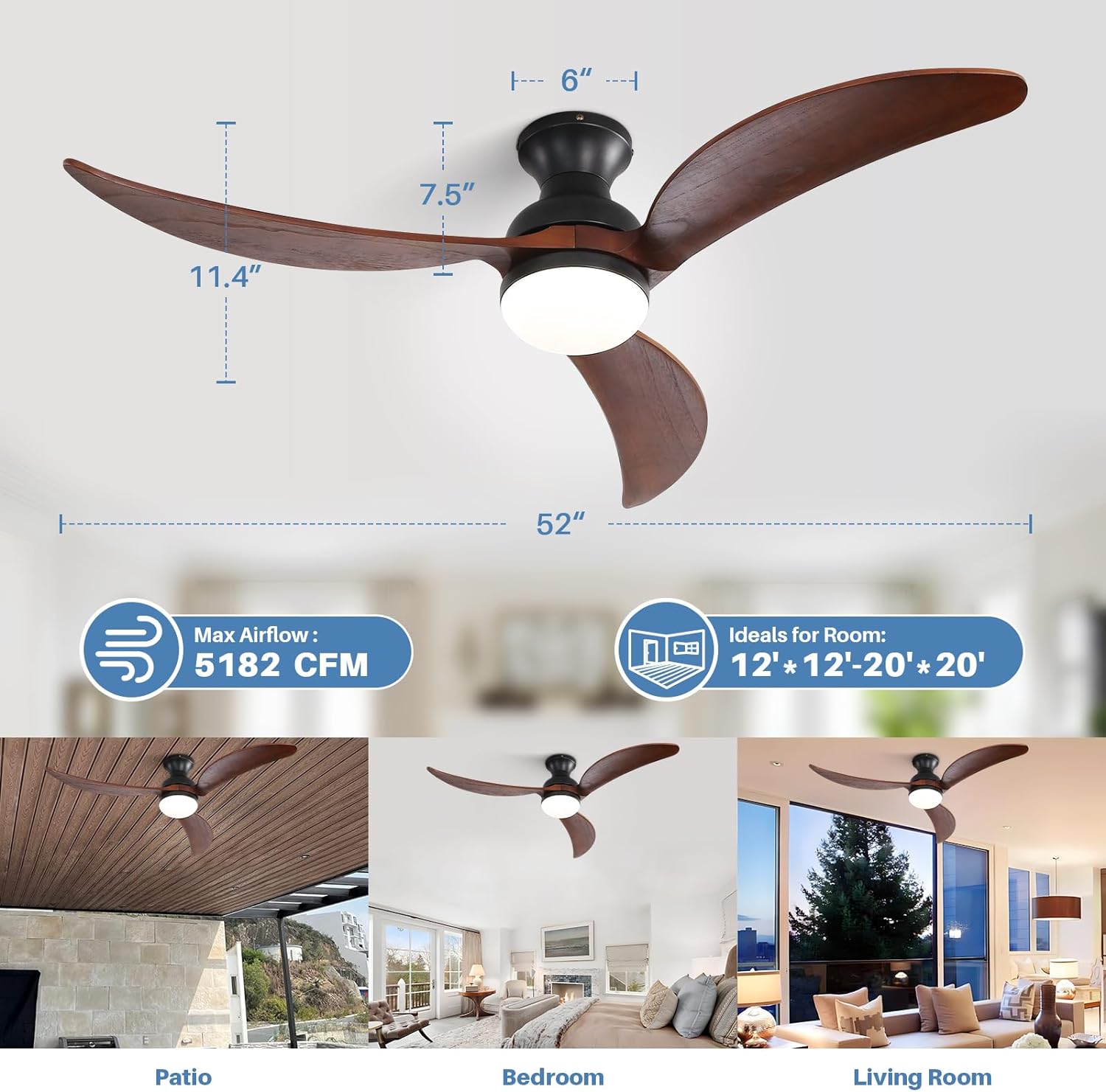 52 Inch Modern Ceiling Fan With 3 Color Dimmable Solid Wood Blades Remote Control Reversible Dc Motor For Bedroom Black Metal & Wood