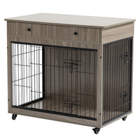 Dog Crate Furniture, Wooden Dog House, Decorative Dog Kennel With Drawer, Indoor Pet Crate End Table For Small Dog, Steel Tube Dog Cage, Chew Proof, Grey 31.7" L 23.2" W 33" H Grey Mdf Steel